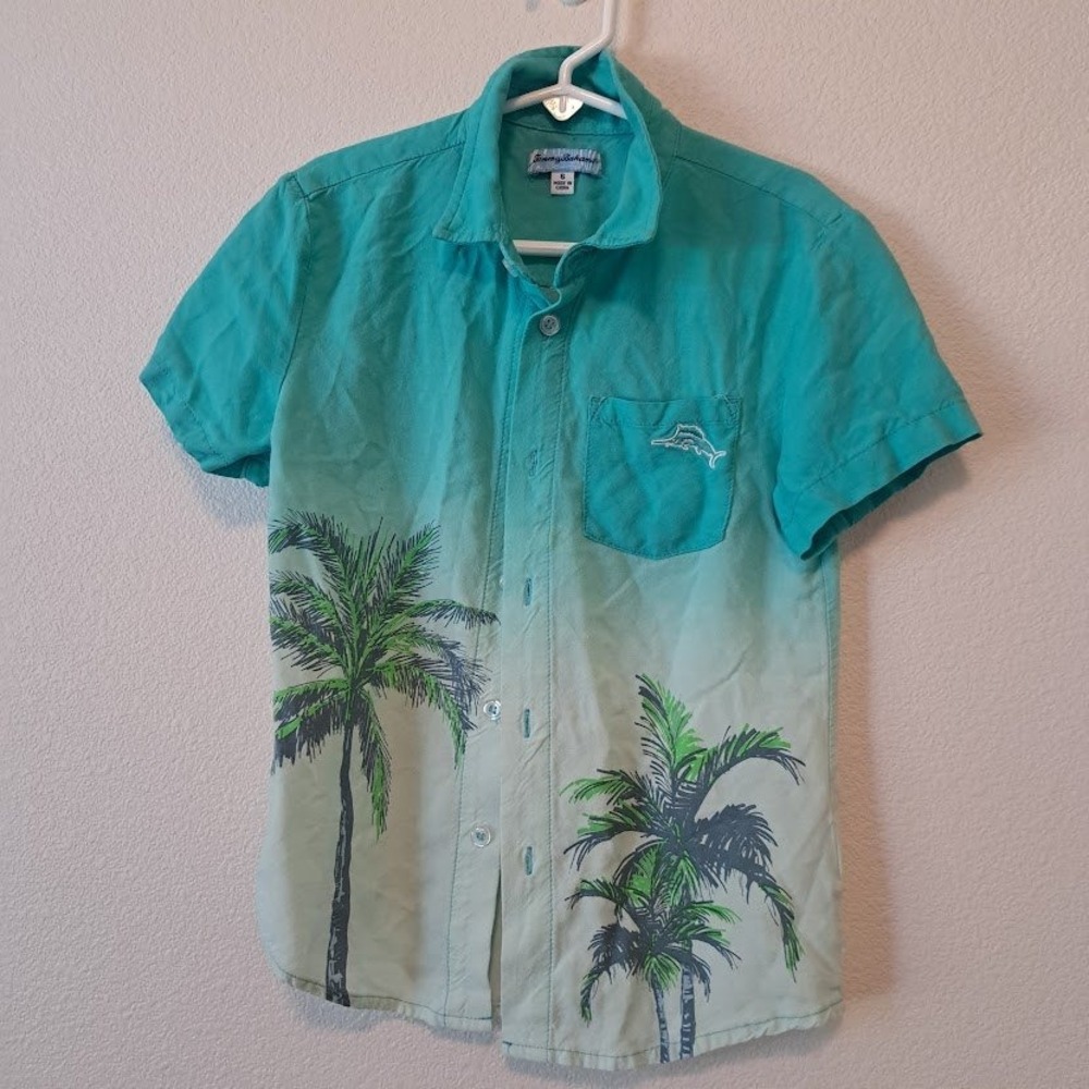 Tommy Bahama Boys Teal Ombre Palm Tree Rayon Button Down‎ Shirt Size 6